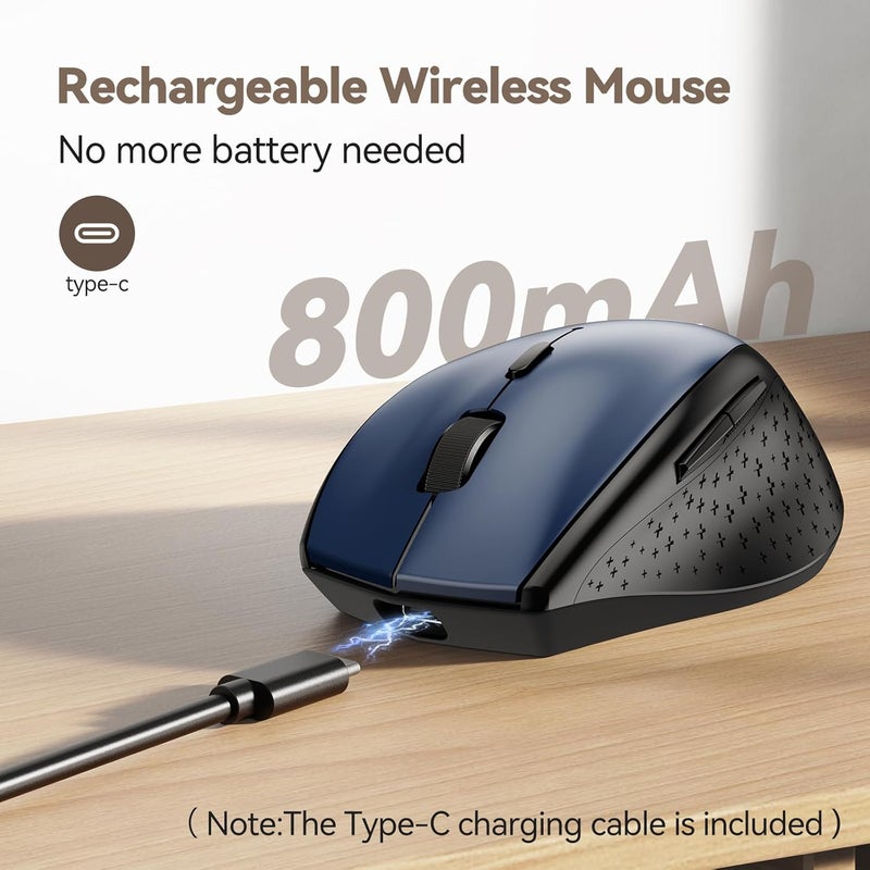 TECKNET Wireless Mouse Jiggler, Silent Click Rechargeable Mouse, Plug & Play with USB-C Adapter, 6400 DPI Ergonomic Mouse, Build-in Mouse Mover, 2.4G Computer Mice for Mac, Laptop, Desktop, PC - Image 3